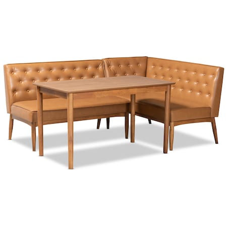 Baxton Studio Riordan Mid-Century Modern Tan Faux Leather and Walnut Brown Finished Wood 3-Piece Dining Nook Set 186-11361-9305-Zoro